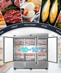 81 Inch Commercial Freezer Refrigerator With Three Solid Doors Delivers Seventy Two Cubic Feet Of Heavy Duty Storage Space Stainless Steel Construction ETL Approved Led Interior Lights Nine Adjustable Shelves Runs Silent No Sweat showcasing various food items inside.