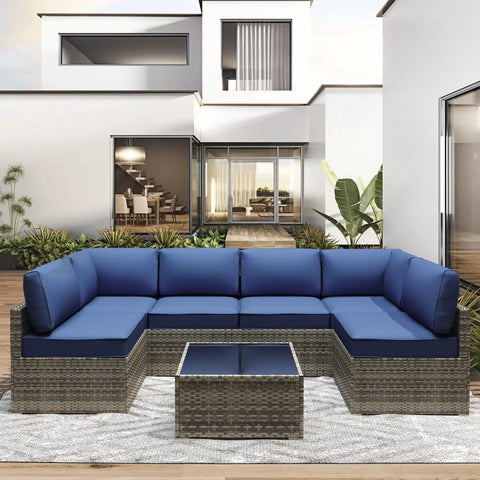 Outdoor Replacement Cushions for Patio Furniture 14 Piece Deep Blue Sofa Cushion Set Water Resistant for Rattan Wicker Sectional Sun Ready