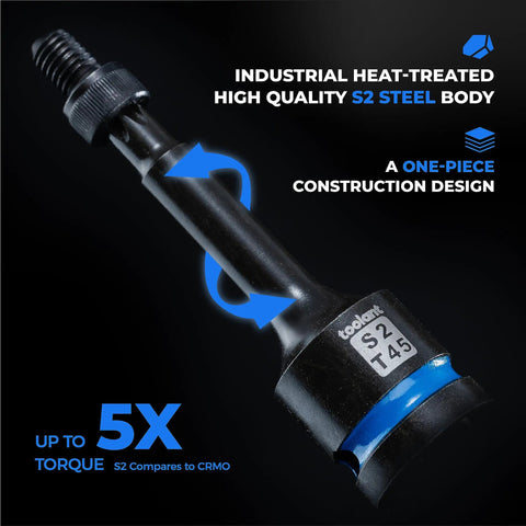 Top Shelf 1/2 Inch Drive T50 Torx Impact Sockets 2 Piece Set Built From Heavy Duty S2 Alloy Steel close-up view showing one-piece design.