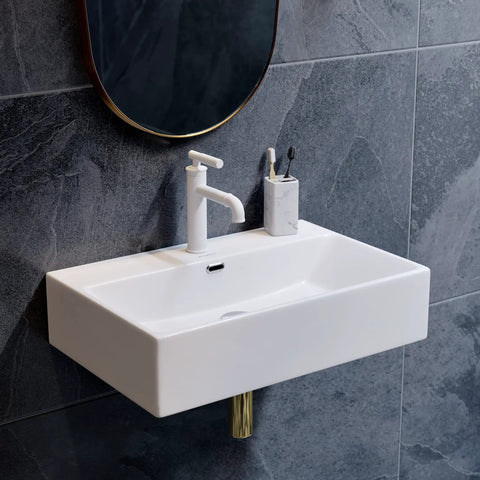 24 Inch Rectangle Wall Mount Bathroom Sink Sleek Space Saving Ceramic Vanity Basin With Durable Non Porous Scratch Resistant Finish