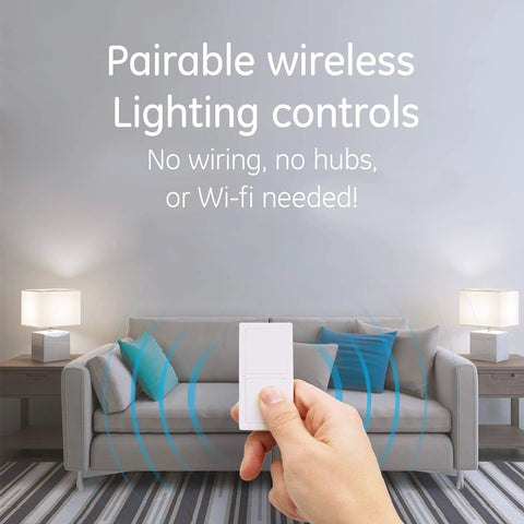 Hand holding wireless remote light switch with plug in receiver, one outlet, on off control for lamps and indoor lighting
