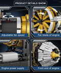 Detailed view of Aircraft Engine Model Kit With Motor Dope 2256 Pieces, showing fan speed, engine blade, power supply, and front end.