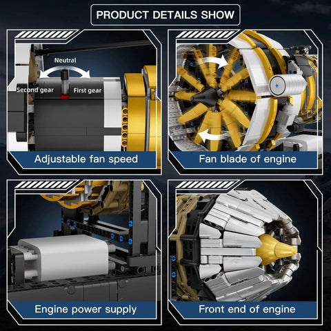Detailed view of Aircraft Engine Model Kit With Motor Dope 2256 Pieces, showing fan speed, engine blade, power supply, and front end.