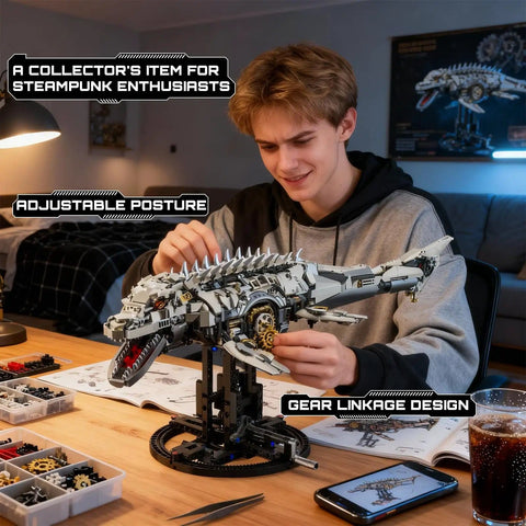Person assembling Myth Qholve Mechanical Mosasaurus Building Block Set With Precision Gear System and Hand Crank Motion.