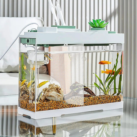 Two Heavy Duty Plastic Fish Tank Dividers With Grip Tight Self Adhesive Hooks And Quick Release Cable Ties For No Fuss Setup and Slick Tank Separation in clear aquarium.