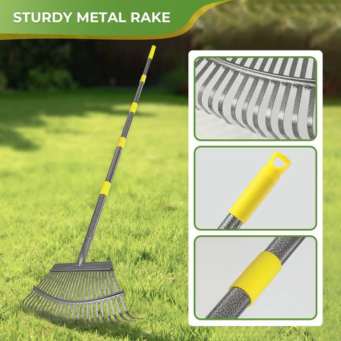 2 Pack 18 Inch Wide Heavy Duty Garden Rake Set For Leaves With 73 Inch Adjustable Handles And 25 Tines Includes 72 Gallon Leaf Bags And Scoops For Quick Yard Cleanup And Lawn Care
