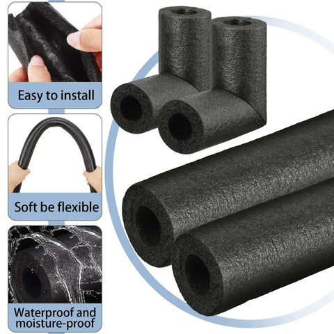 Top Shelf Foam Pipe Insulation Sleeves With Elbow Fittings For Hot And Cold Water Lines Thermal Wrap To Keep Those Pipes Cozy 16 Piece Set showing flexible black foam sleeves and elbow fittings.