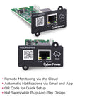 RCCARD100 Cloud Monitoring Card for UPS Systems with PowerPanel Cloud, plug-and-play design, visible QR code and ports.