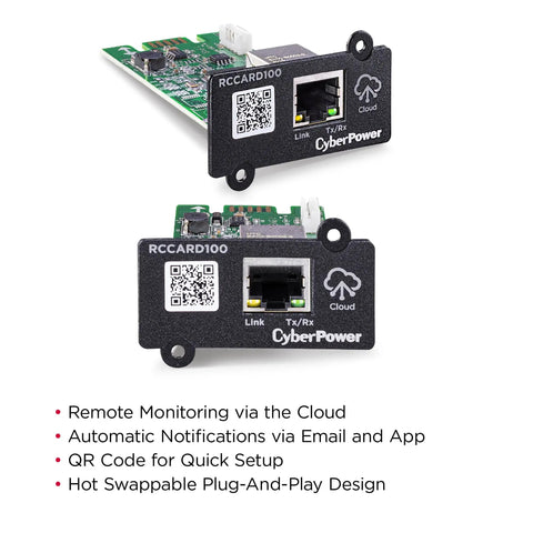 RCCARD100 Cloud Monitoring Card for UPS Systems with PowerPanel Cloud, plug-and-play design, visible QR code and ports.