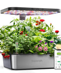 Smart Hydroponics Growing System Kit With 15 Pods, 36W LED Grow Light, App Control, indoor plants in a compact grey container