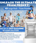 High Output Foam Powder For Bubble Machines 12 Pack 1 Pound Each Makes 26 Gallons Per Packet Ideal For Parties Weddings Outdoor Events Camps And Concerts Thick Long Lasting Foam Water with people in foam party