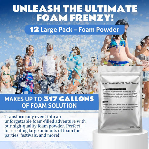 High Output Foam Powder For Bubble Machines 12 Pack 1 Pound Each Makes 26 Gallons Per Packet Ideal For Parties Weddings Outdoor Events Camps And Concerts Thick Long Lasting Foam Water with people in foam party