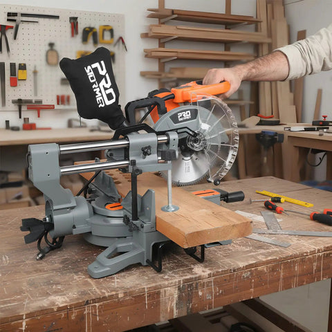 Professional Grade 10 Inch Double Bevel Sliding Compound Miter Saw With A Bulletproof 15 Amp Motor And Smooth 5000 Rpm Cutting Action For Precision Woodwork And Home Garage Grinds in action on wood.
