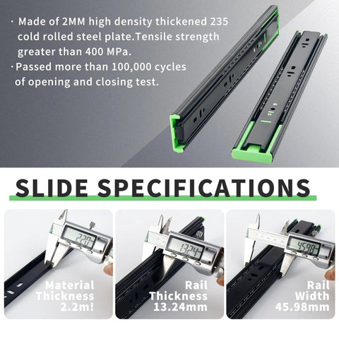 12 Inch Full Extension Drawer Slides With Ball Bearing Rails Side Mount Soft Close Heavy Duty 100 Lb Capacity Quiet Smooth Glide 3 Fold Drawer Runners For Cabinets Kitchen And Bath showing slide specifications and measurements