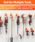 Heavy Duty Chainsaw Hanger Wall Mount 2 Pack Holds Up To 70 Lbs showcasing multiple tools organized on a garage wall rack