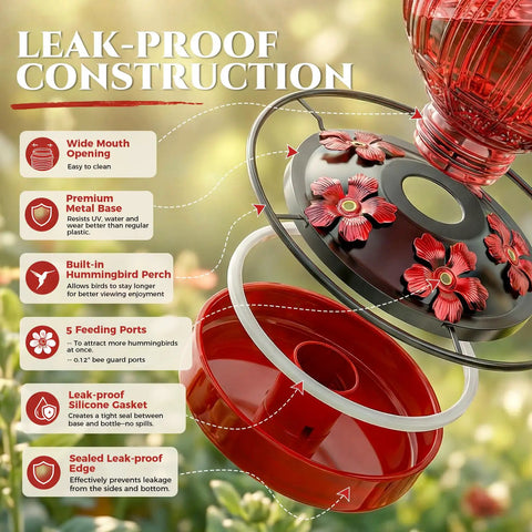 Exploded view of red Glass Hummingbird Feeder 26 Oz With Perch And Five Flower Feeding Ports Leak Proof Outdoor Garden Hanging Nectar Bottle