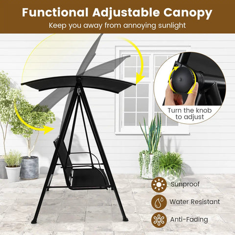 Two Person Outdoor Swing With Adjustable Canopy Cozy Patio Loveseat Swing With Heavy Duty Metal Frame shown with canopy adjustment