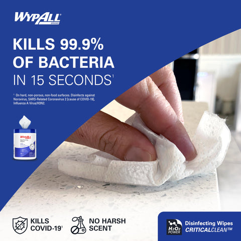 Hand using Disinfecting Wipes With Hydrogen Peroxide Cleaner Fresh Scent 5.75 X 7 Inches on a countertop, kills bacteria