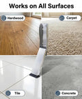 Heavy Duty Kickdown Door Stopper For Bottom Of Door, hands free design shown on hardwood, carpet, tile, and concrete.