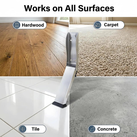 Heavy Duty Kickdown Door Stopper For Bottom Of Door, hands free design shown on hardwood, carpet, tile, and concrete.