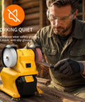 Man using a Grab A Snappy Lightweight Cordless Bench Grinder for metal sharpening outdoors, 18x15x13.5 cm with safety features.