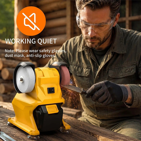 Man using a Grab A Snappy Lightweight Cordless Bench Grinder for metal sharpening outdoors, 18x15x13.5 cm with safety features.