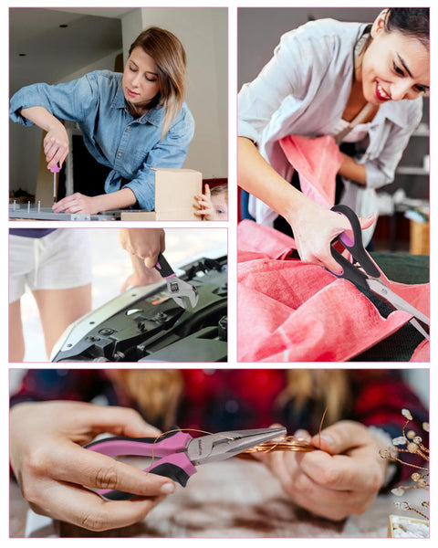 Women using Pink 267 Piece Tool Kit Set With 21V Cordless Drill Driver For Women Includes Pink Storage Bag And Home DIY Essentials For House Projects Great For Beginners And Everyday Home Improvements