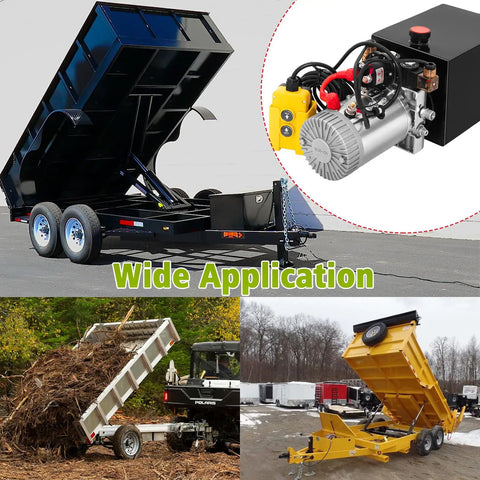 12V Hydraulic Pump For Dump Trailers And Car Lifting, Double Acting Electric Power Unit, 8-Quart Capacity, shown in use on trailers