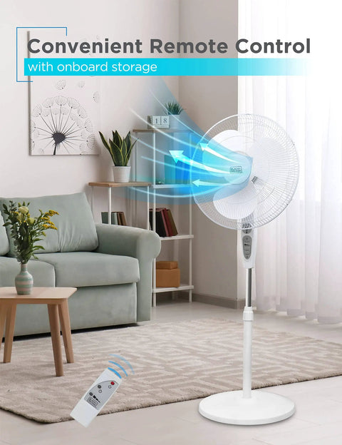 Height Adjustable Pedestal Standing Fan With Remote And Touch Control Panel 18 Inch 90 Degree Oscillation in living room