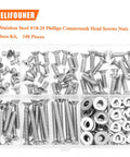 Massive 140 Piece Size 10 24 Phillips Countersunk Machine Screws Nuts And Washers Assortment Kit In 304 Stainless Steel
