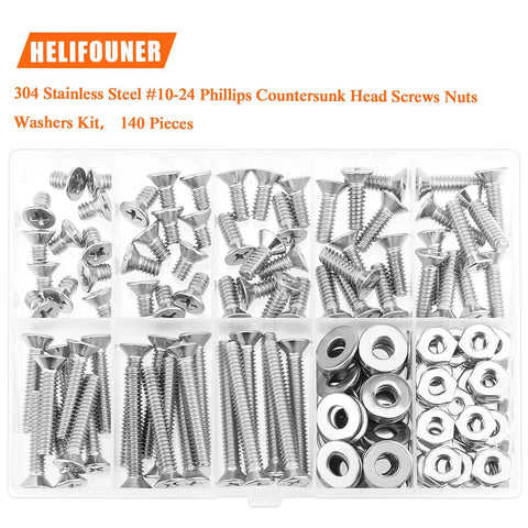 Massive 140 Piece Size 10 24 Phillips Countersunk Machine Screws Nuts And Washers Assortment Kit In 304 Stainless Steel