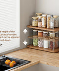 Two Tier Adjustable Bathroom Counter Organizer For Vanity, Sink And Kitchen Corners with jars on wooden and iron shelves
