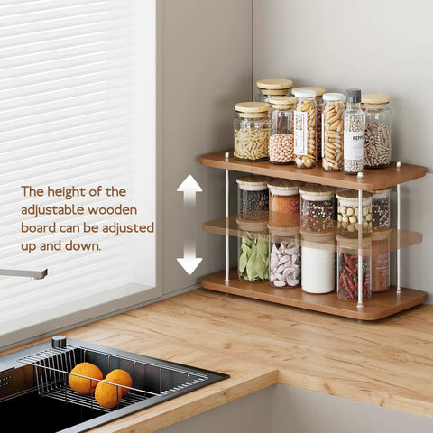 Two Tier Adjustable Bathroom Counter Organizer For Vanity, Sink And Kitchen Corners with jars on wooden and iron shelves