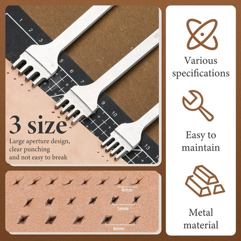 Leather Stitching Punch Set 10 Pcs Diamond Chisel Kit for DIY Craft featuring four prong leather hole punches in 4mm 5mm 6mm sizes