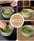 Pink Matcha Whisk Set With Chasen Holder And Ceramic Stand includes four steps of preparing matcha in a green speckled bowl.