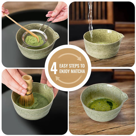 Pink Matcha Whisk Set With Chasen Holder And Ceramic Stand includes four steps of preparing matcha in a green speckled bowl.