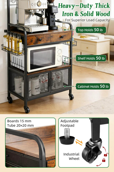 Rolling Coffee Bar Cart On Wheels For Small Spaces With 5-Tier Storage, showing heavy-duty iron and solid wood design