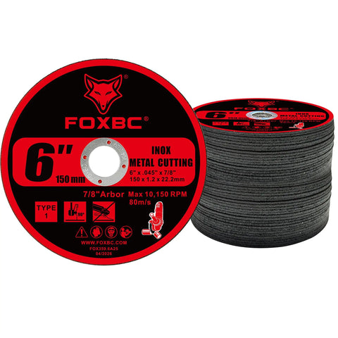 Heavy Duty 6 Inch Cut Off Wheels For Metal And Stainless Steel 25 Pack 7 8 Arbor Type 1 Angle Grinder Blades displayed in stack.
