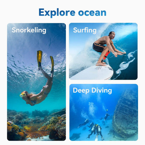 Snorkeling, surfing, and deep diving showcasing usage of Waterproof Case For DJI Action 5 Pro And Action 4 And 3 Series