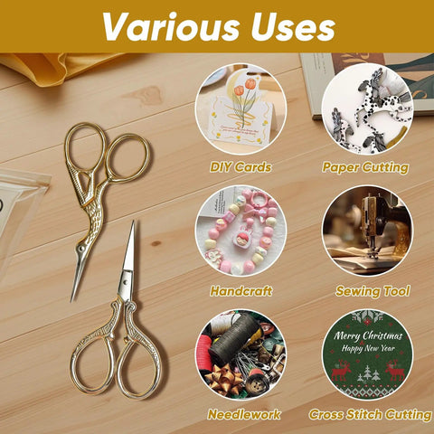 Stainless Steel Embroidery Scissors Set 2 Pcs 3.6 Inch Gold Tone Small Shears For Sewing Craft Projects On Wooden Table