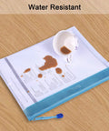 Four Pack Durable Letter Size Waterproof Mesh File Bags holding documents with spilled coffee showing waterproof feature