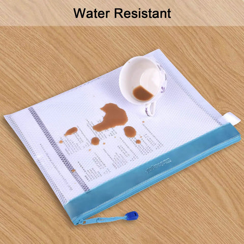 Four Pack Durable Letter Size Waterproof Mesh File Bags holding documents with spilled coffee showing waterproof feature