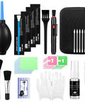 Camera lens cleaning kit with blower, brushes, lens pen, microfiber cloths, wipes, swabs, gloves in a zip case front view