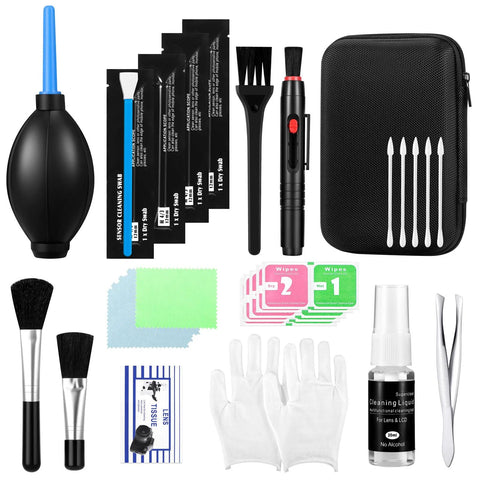 Camera lens cleaning kit with blower, brushes, lens pen, microfiber cloths, wipes, swabs, gloves in a zip case front view
