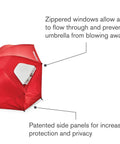 Oversized 9 Foot UPF 50 Plus Umbrella Shelter with Privacy Panels featuring zippered windows for ventilation, shown in red.