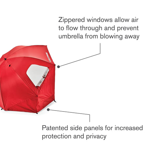 Oversized 9 Foot UPF 50 Plus Umbrella Shelter with Privacy Panels featuring zippered windows for ventilation, shown in red.