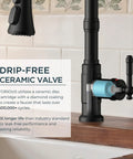 FORIOUS Vintage Kitchen Sink Faucet with Pull Down Sprayer, Matte Black showing ceramic valve design and sturdy construction.