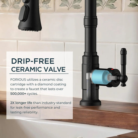 FORIOUS Vintage Kitchen Sink Faucet with Pull Down Sprayer, Matte Black showing ceramic valve design and sturdy construction.