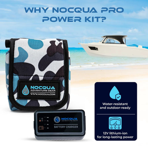 NOCQUA Pro Power 12V lithium battery and charger kit with camouflage carry pouch for kayaks.
