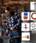 Blacksmith in workshop using Single Burner Portable Propane Forge For Knife Making And Heat Treating, kit components shown